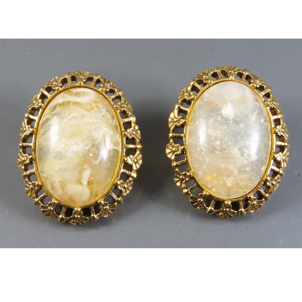 Vintage 1928 OVAL CLIP-ON EARRINGS Gold Tone MARBLEIZED Cream/White Lucite Cab